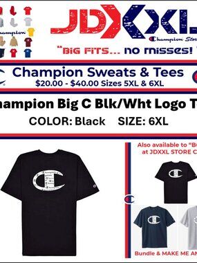 Champion Big C B/W Logo Big & Tall T‑Shirt – Size 6XL (BLACK)